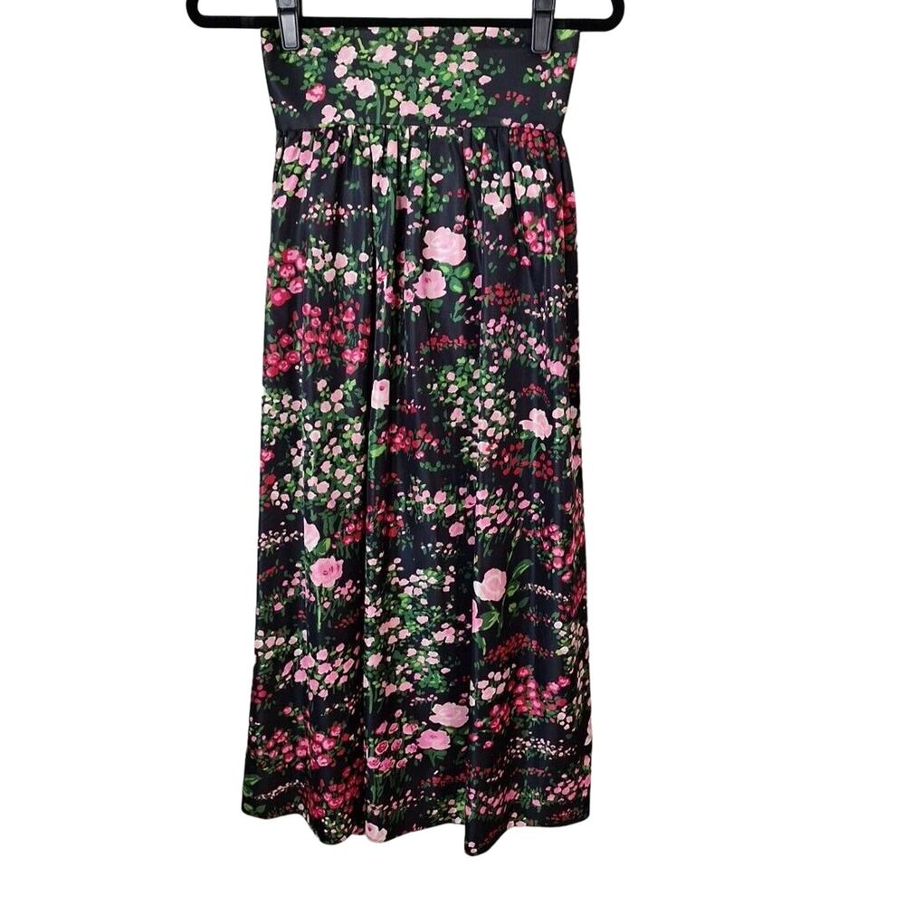 Vintage 70s High Waist Black Pink Rose Floral Maxi Skirt Mod Hippie Size Small - Picture 7 of 12